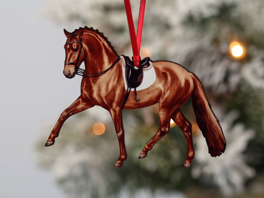 Chestnut half pass dressage horse Christmas ornament, laser-cut printed wood by Classy Equine