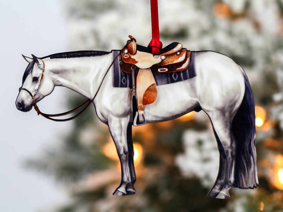 Gray Quarter Horse western pleasure Christmas ornament, laser-cut printed wood by Classy Equine