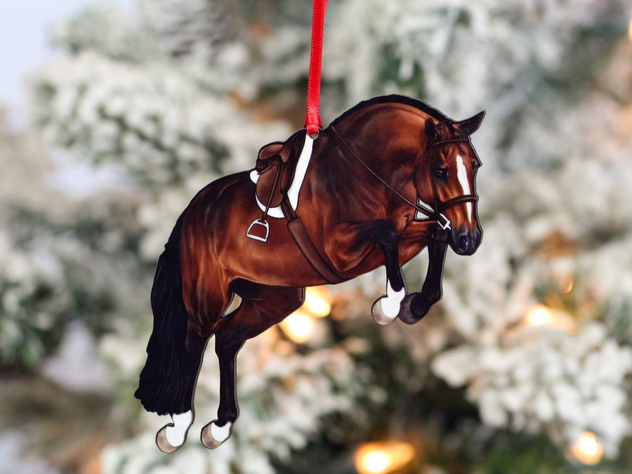 Bay hunter jumper horse Christmas ornament, laser-cut printed wood by Classy Equine