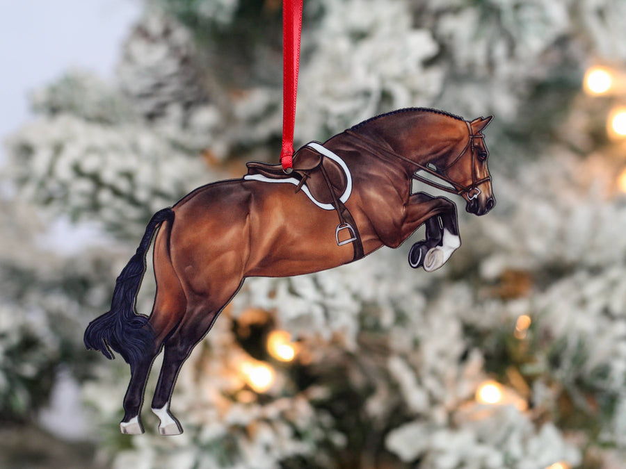 Bay hunter jumper horse Christmas ornament, laser-cut printed wood by Classy Equine