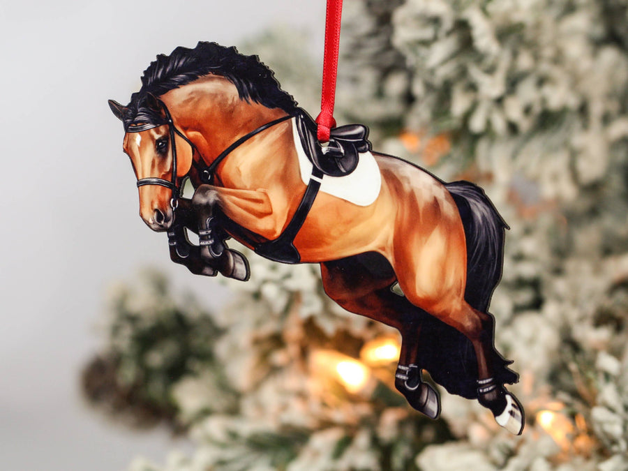 Bay hunter jumper horse Christmas ornament, laser-cut printed wood by Classy Equine