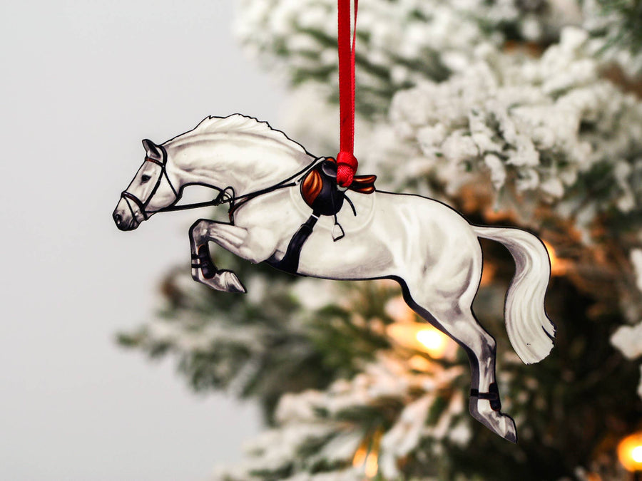 White light gray hunter jumper horse Christmas ornament, laser-cut printed wood by Classy Equine