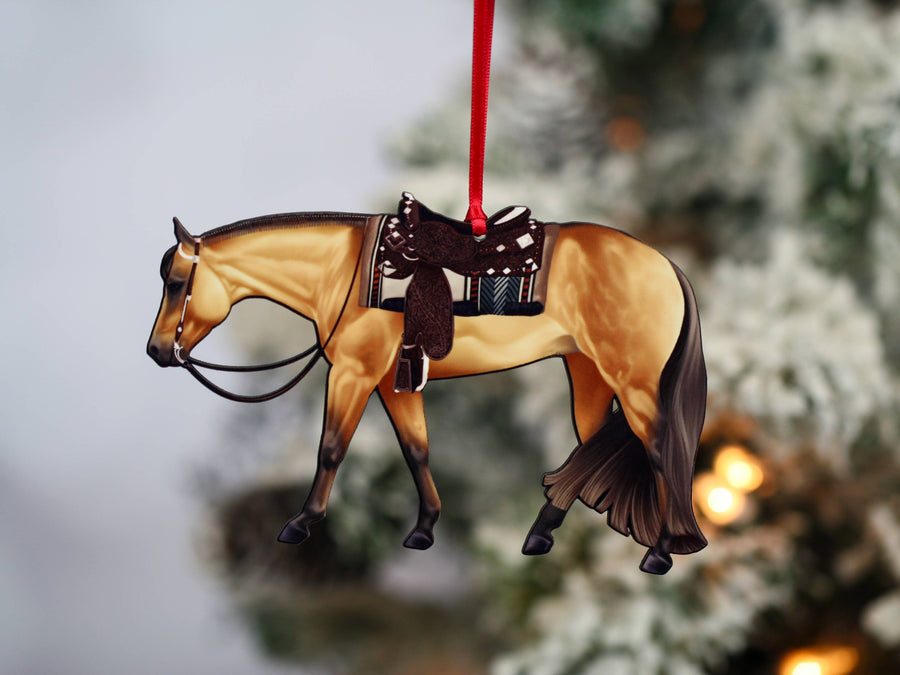 Buckskin western pleasure Quarter Horse Christmas ornament, laser-cut printed wood by Classy Equine