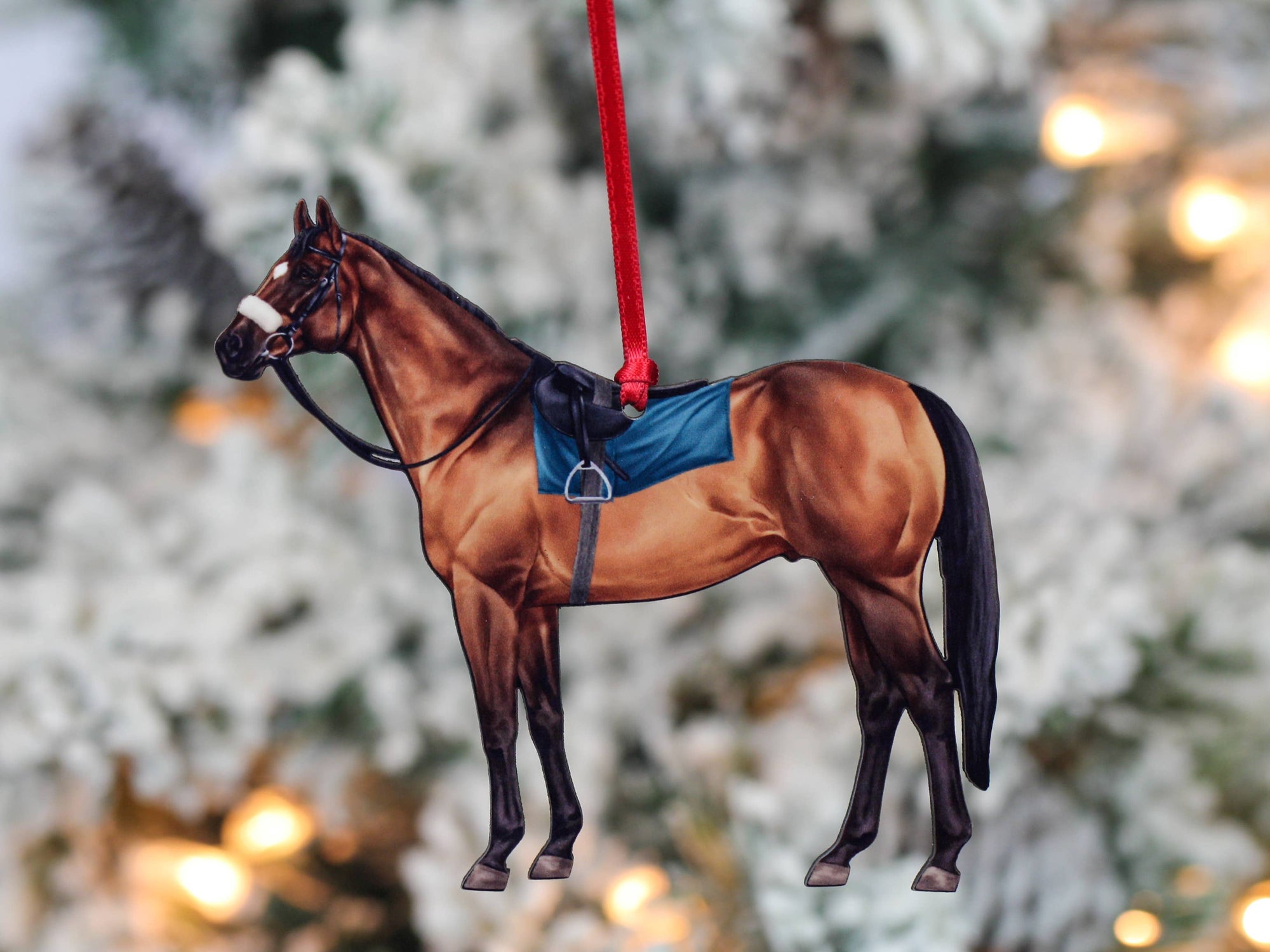 bay Thoroughbred race horse Christmas ornament, laser-cut printed wood by Classy Equine