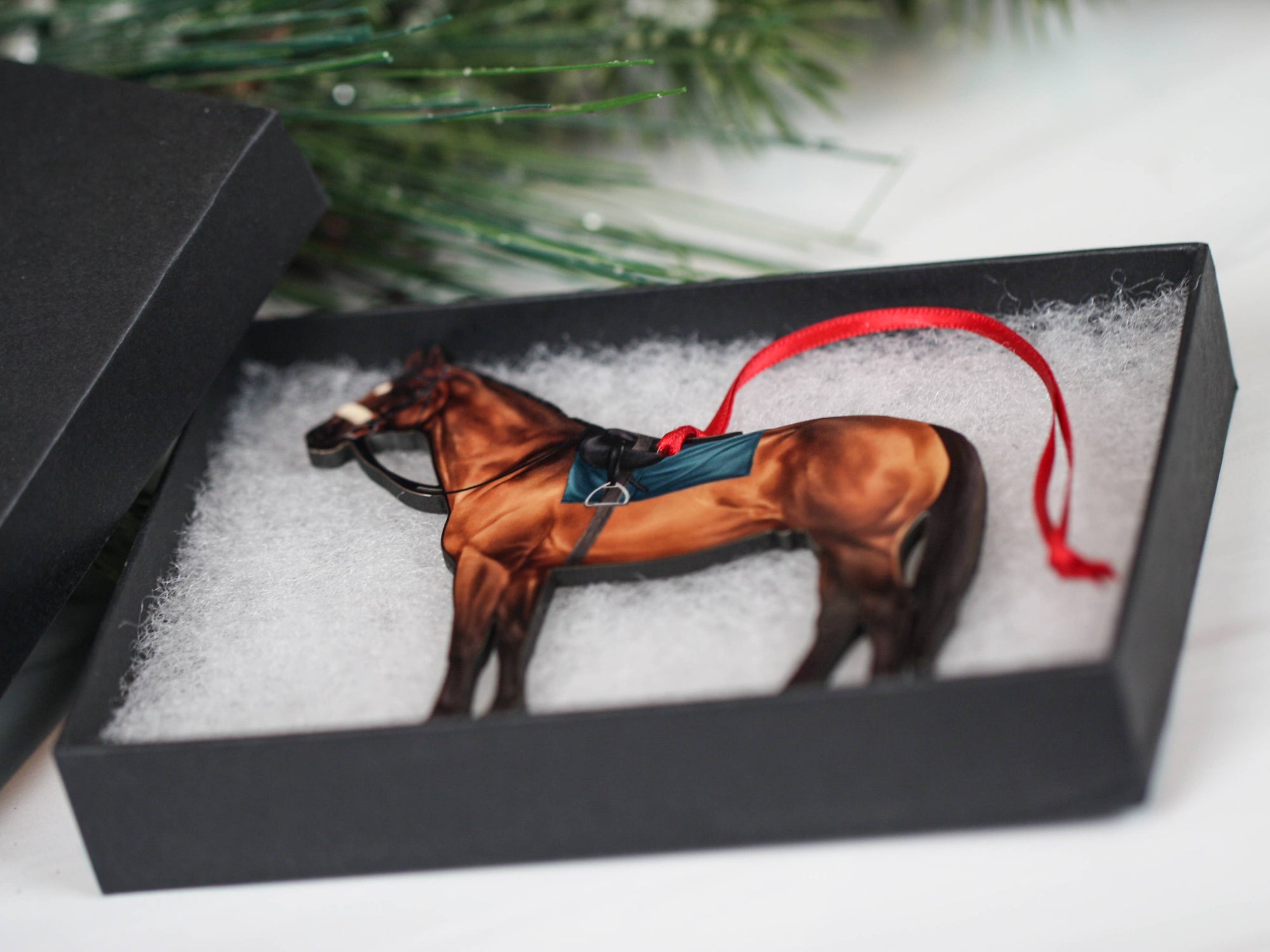 bay Thoroughbred race horse Christmas ornament, laser-cut printed wood by Classy Equine