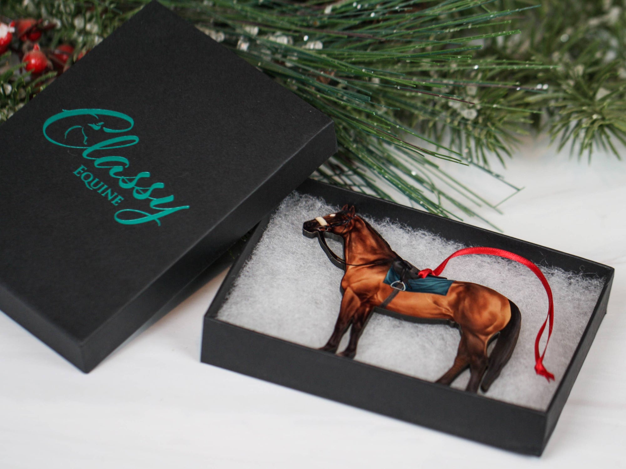 bay Thoroughbred race horse Christmas ornament, laser-cut printed wood by Classy Equine