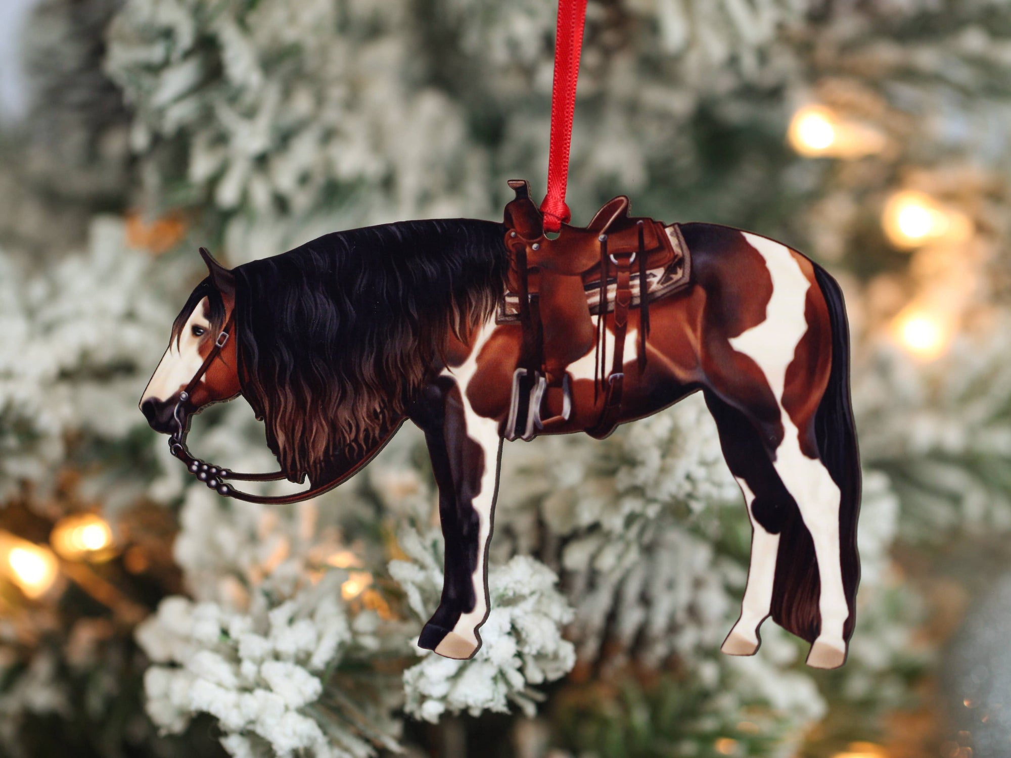 Bay Tobiano Western Horse Ornament - Paint Horse Christmas Decoration -  Classy Equine