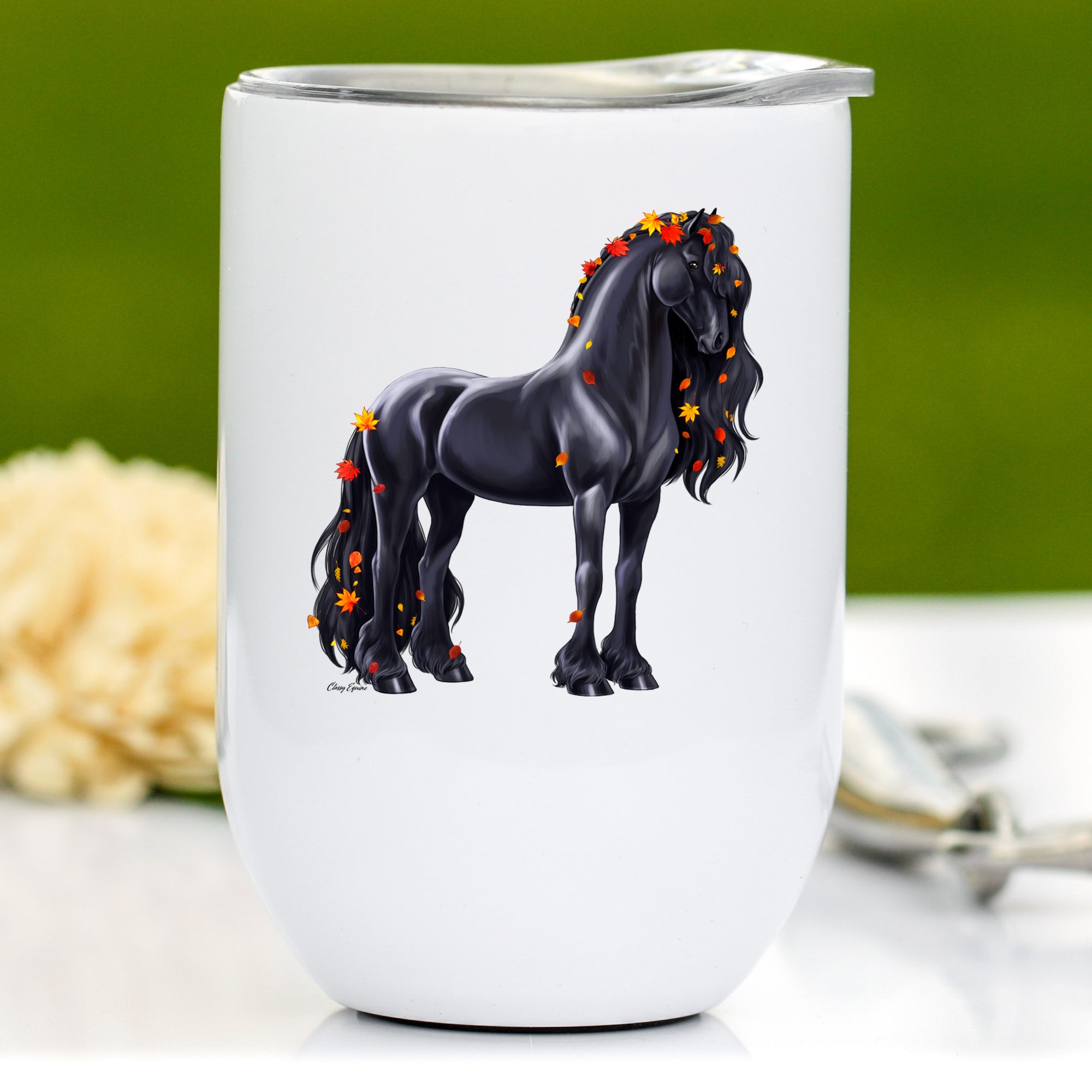 Autumn Friesian Horse Wine Tumbler