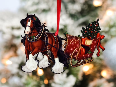 Gypsy Cob Horse Christmas Ornament - Bay Gypsy Horse Sleigh