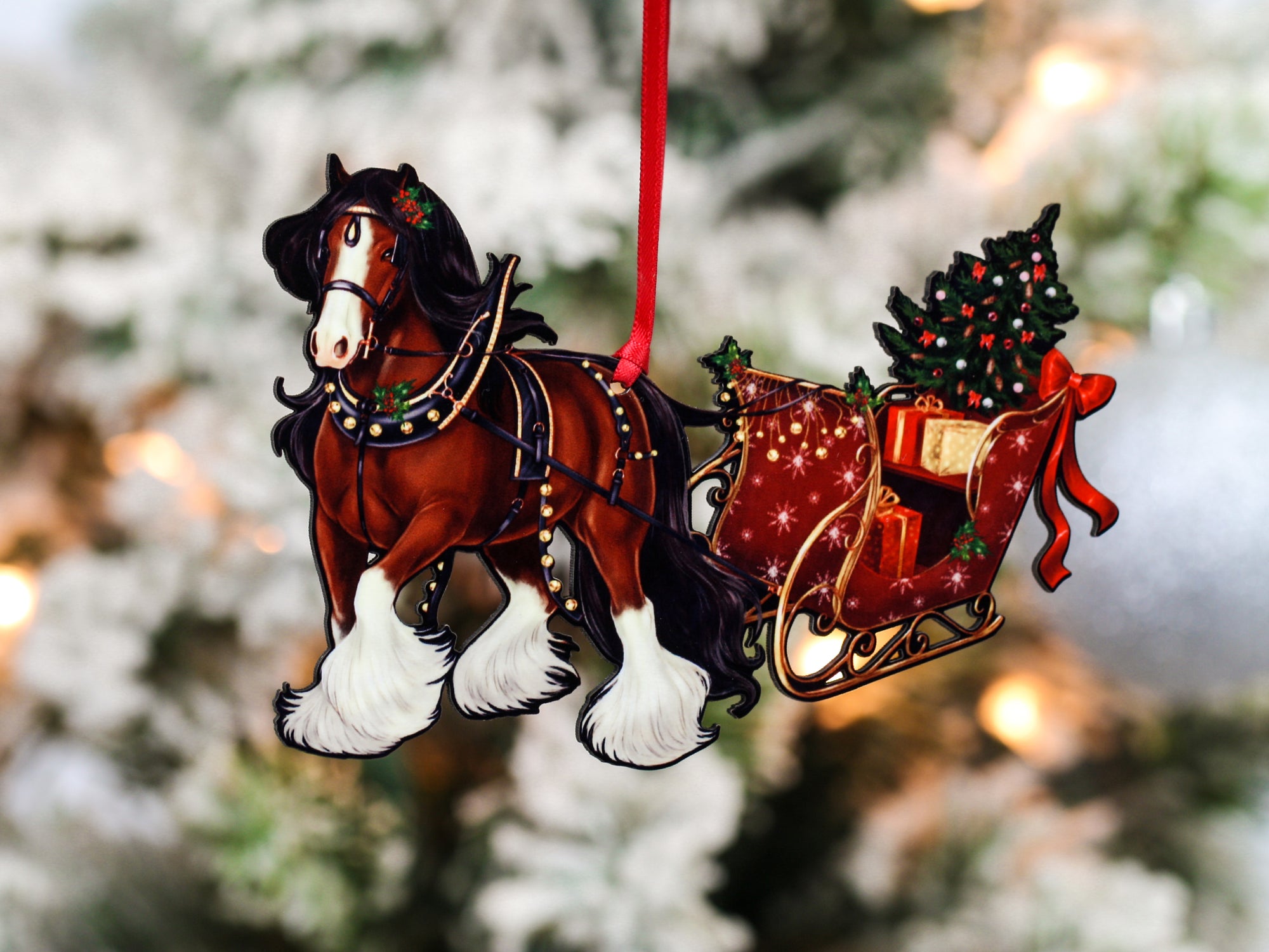 Gypsy Cob Horse Christmas Ornament - Bay Gypsy Horse Sleigh