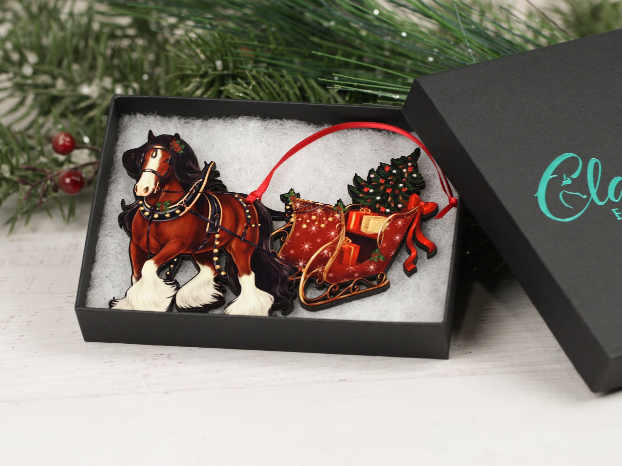Gypsy Cob Horse Christmas Ornament - Bay Gypsy Horse Sleigh