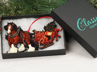 Gypsy Cob Horse Christmas Ornament - Bay Gypsy Horse Sleigh