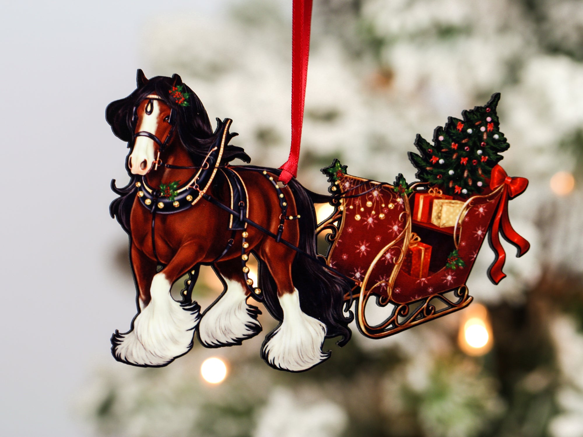Gypsy Cob Horse Christmas Ornament - Bay Gypsy Horse Sleigh