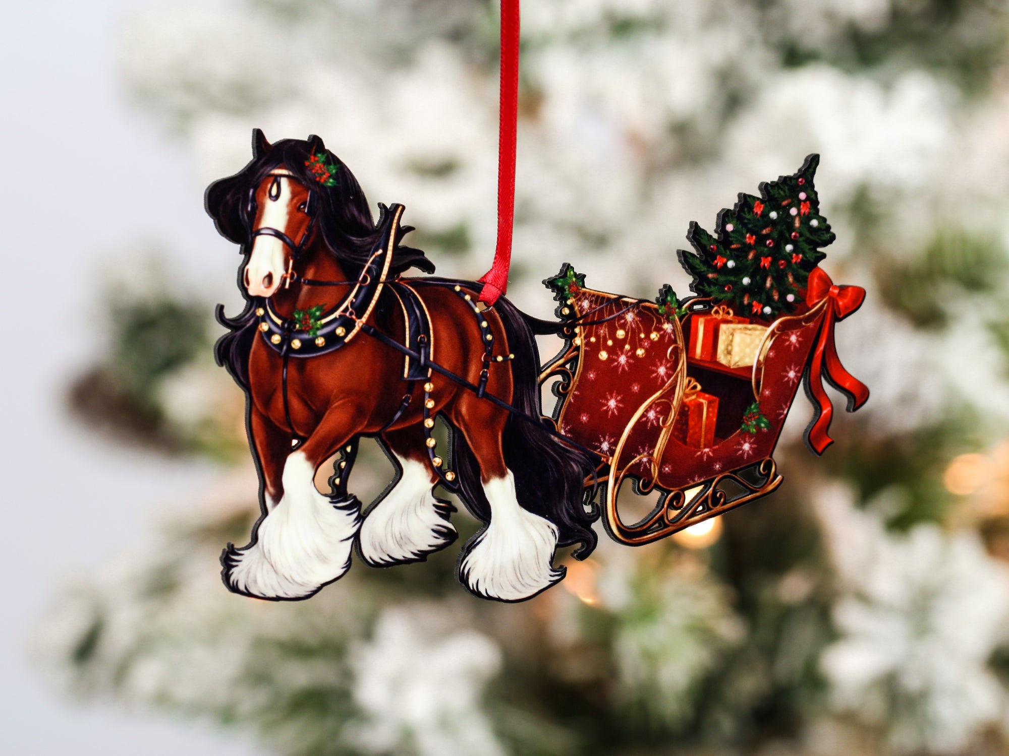 Gypsy Cob Horse Christmas Ornament - Bay Gypsy Horse Sleigh