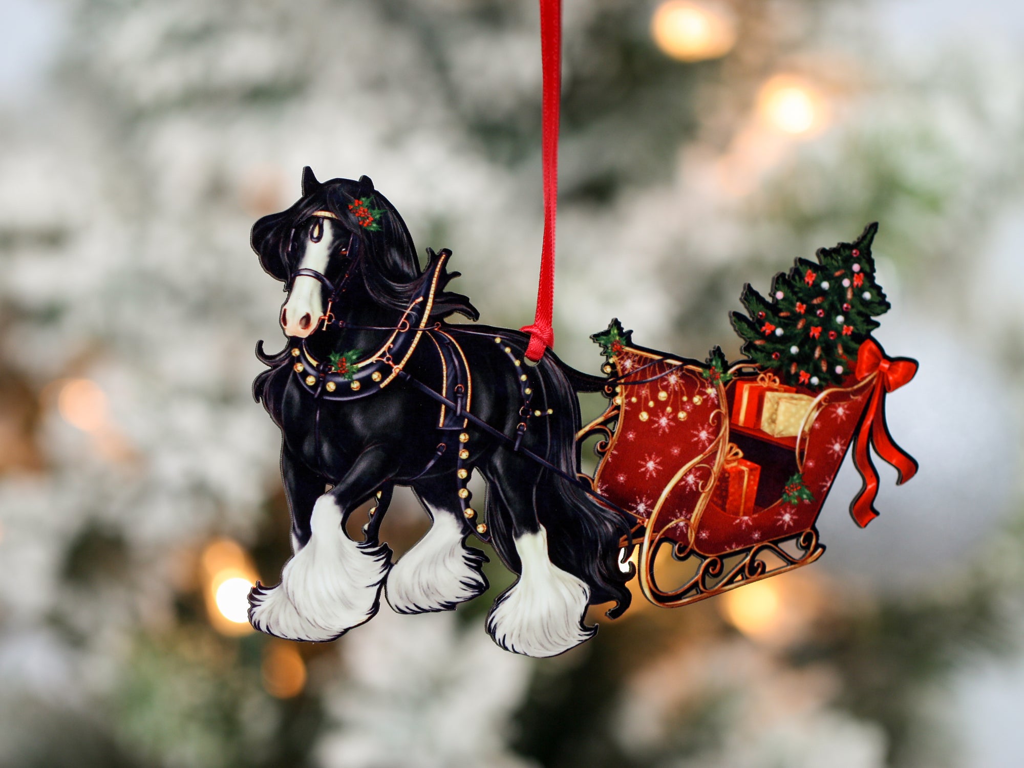 Black Gypsy Cob Horse Christmas Ornament - Gypsy Horse Sleigh
