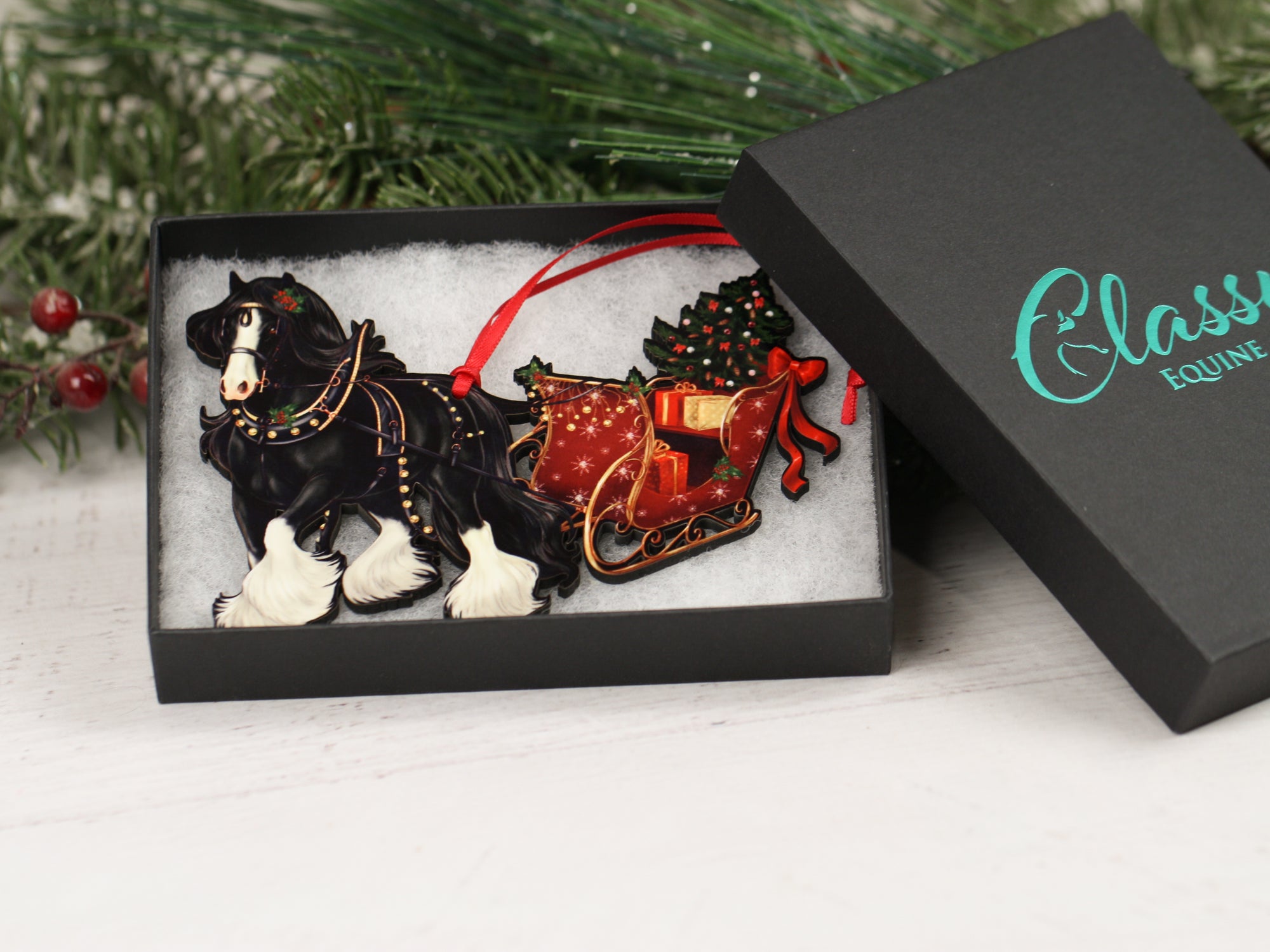 Black Gypsy Cob Horse Christmas Ornament - Gypsy Horse Sleigh