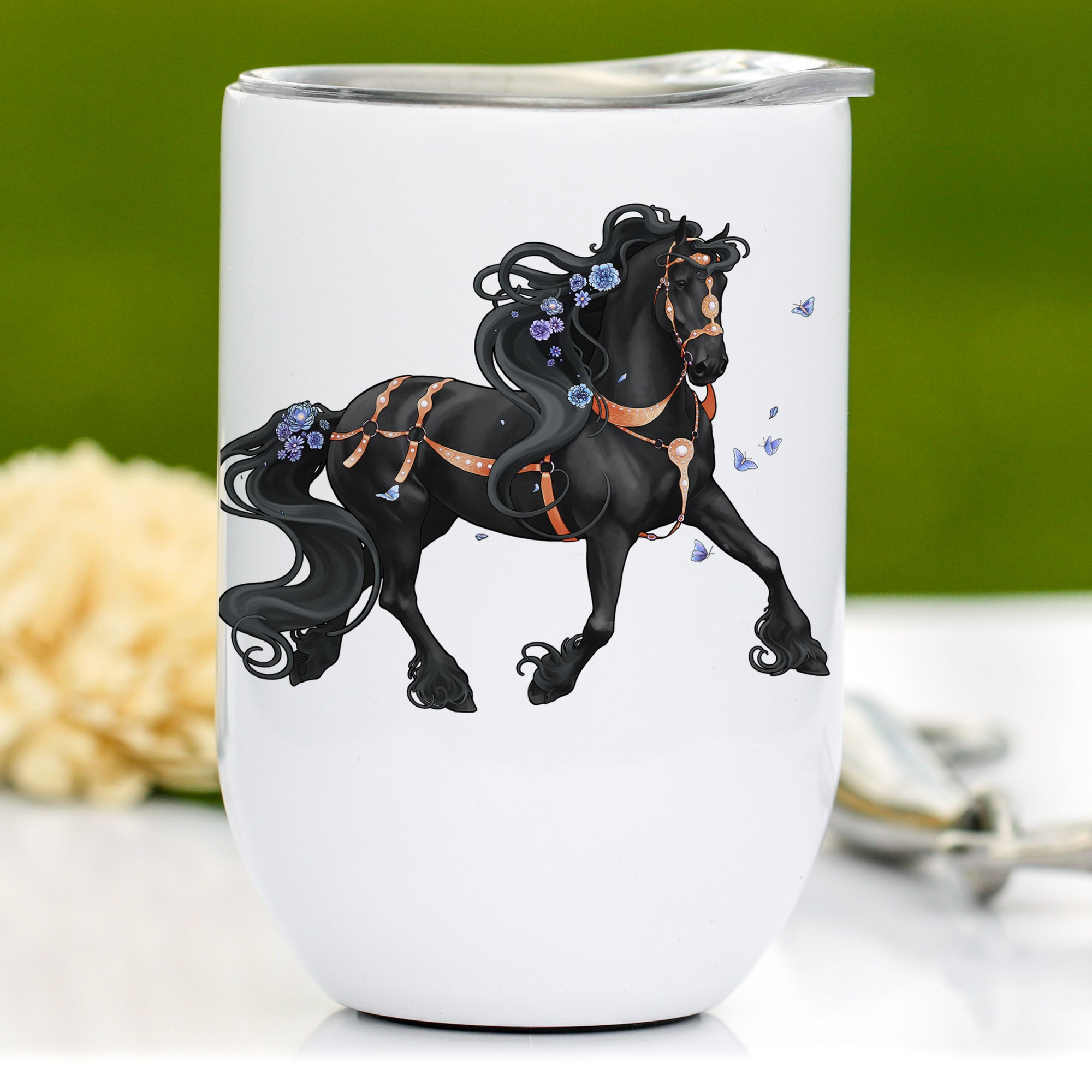 Friesian Horse Wine Tumbler - Blue Floral