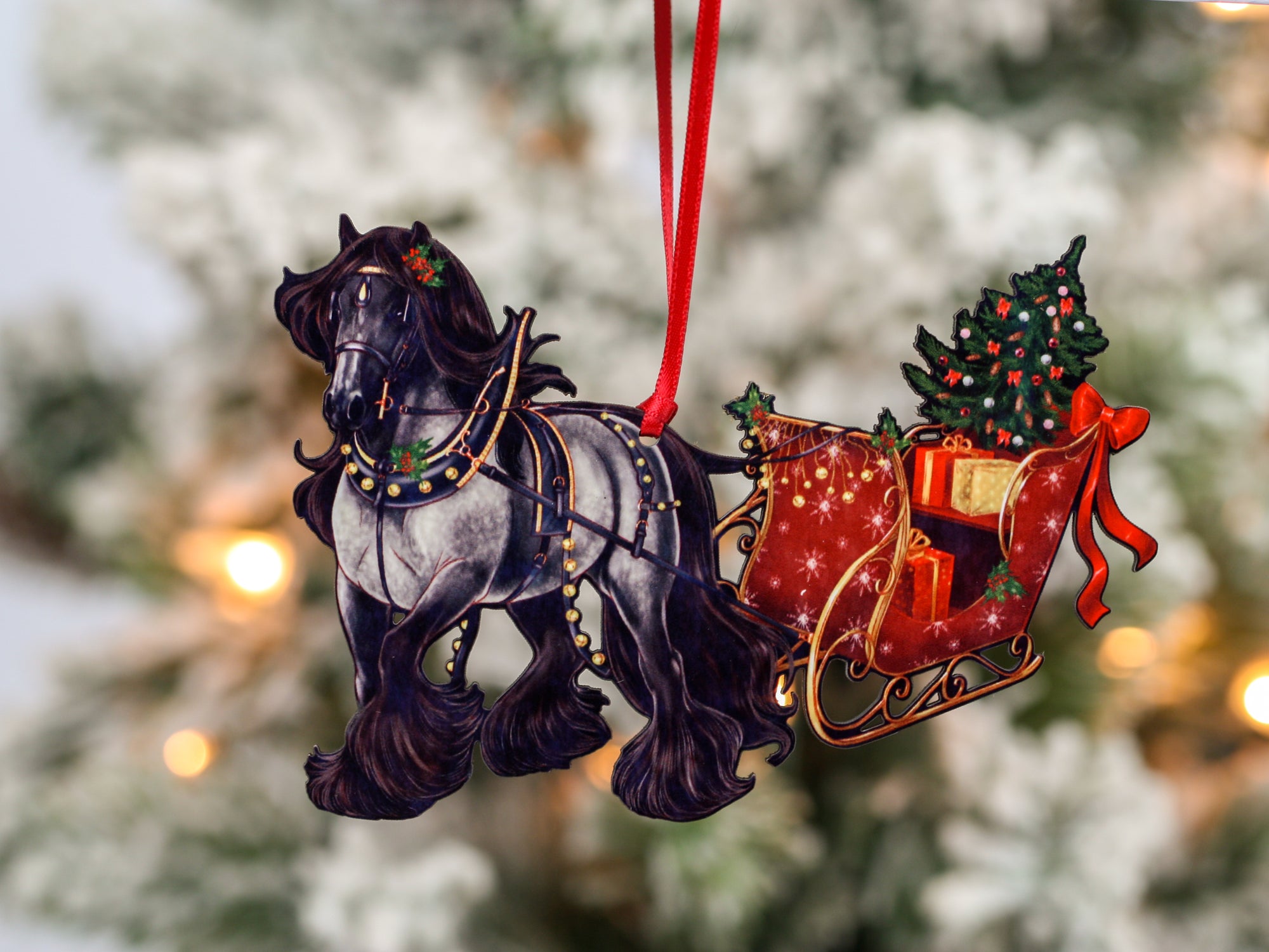 Gypsy Cob Horse Christmas Ornament - Blue Roan Gypsy Horse Sleigh