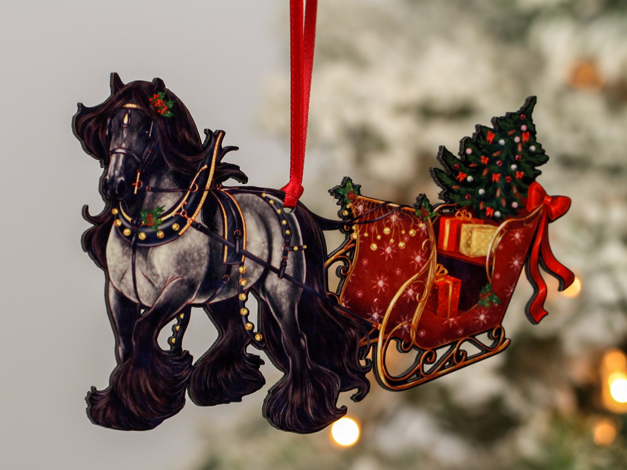 Gypsy Cob Horse Christmas Ornament - Blue Roan Gypsy Horse Sleigh