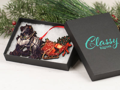 Gypsy Cob Horse Christmas Ornament - Blue Roan Gypsy Horse Sleigh
