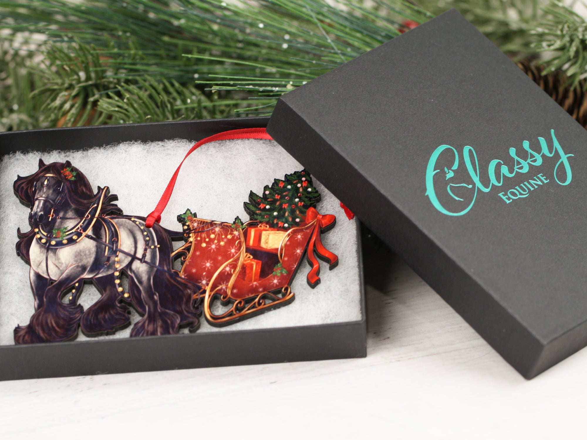 Gypsy Cob Horse Christmas Ornament - Blue Roan Gypsy Horse Sleigh