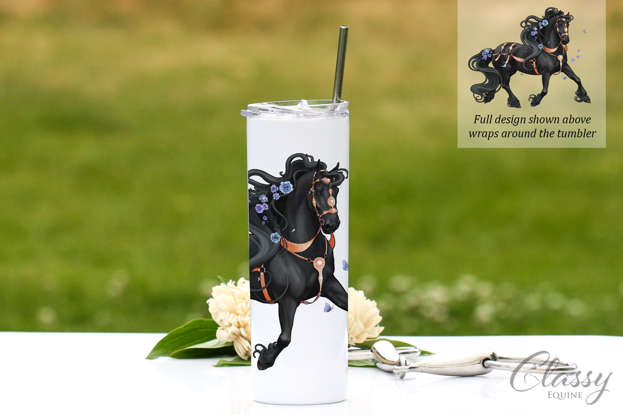 Trotting Friesian Horse Tumbler, 20 oz, Blue Floral