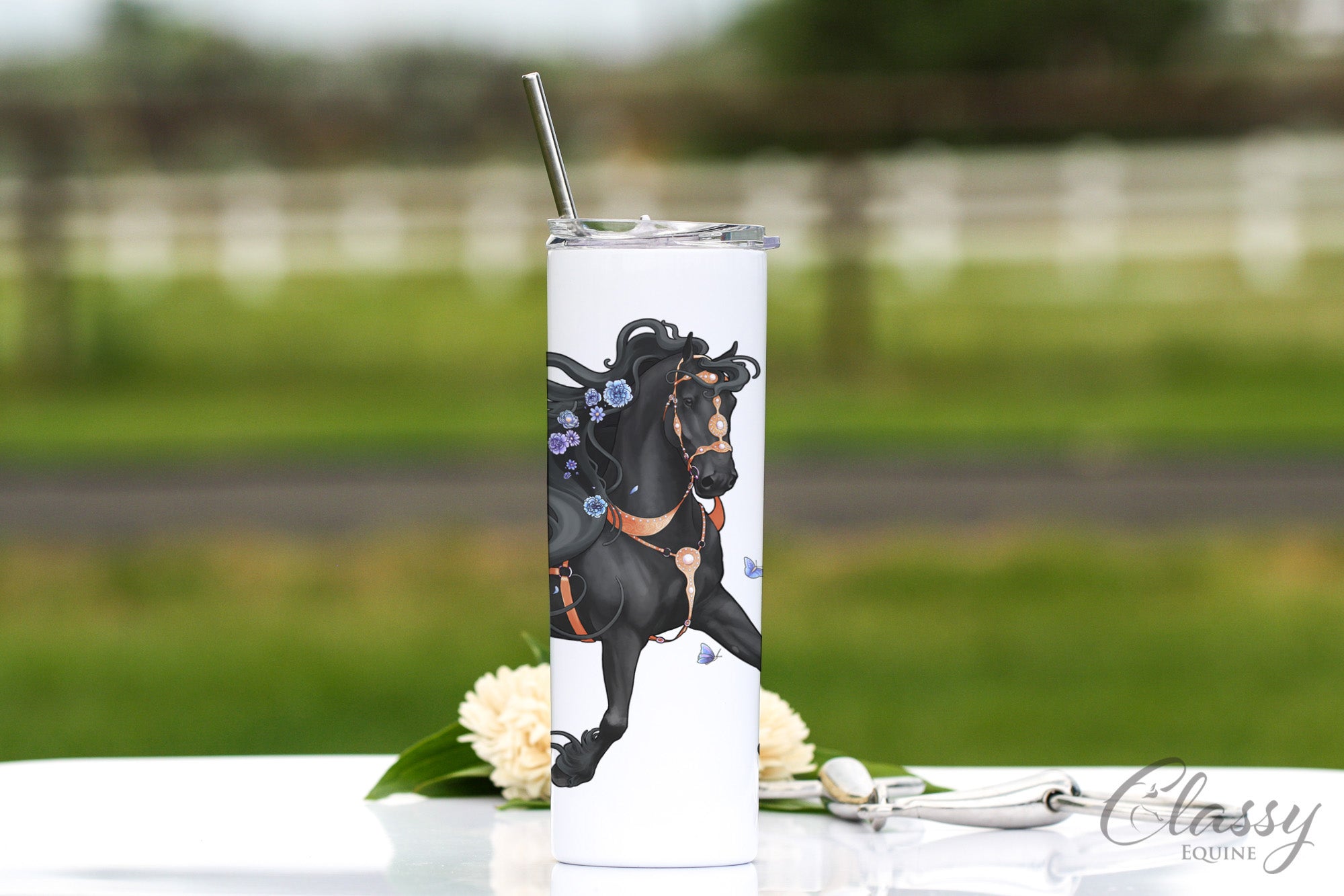 Trotting Friesian Horse Tumbler, 20 oz, Blue Floral