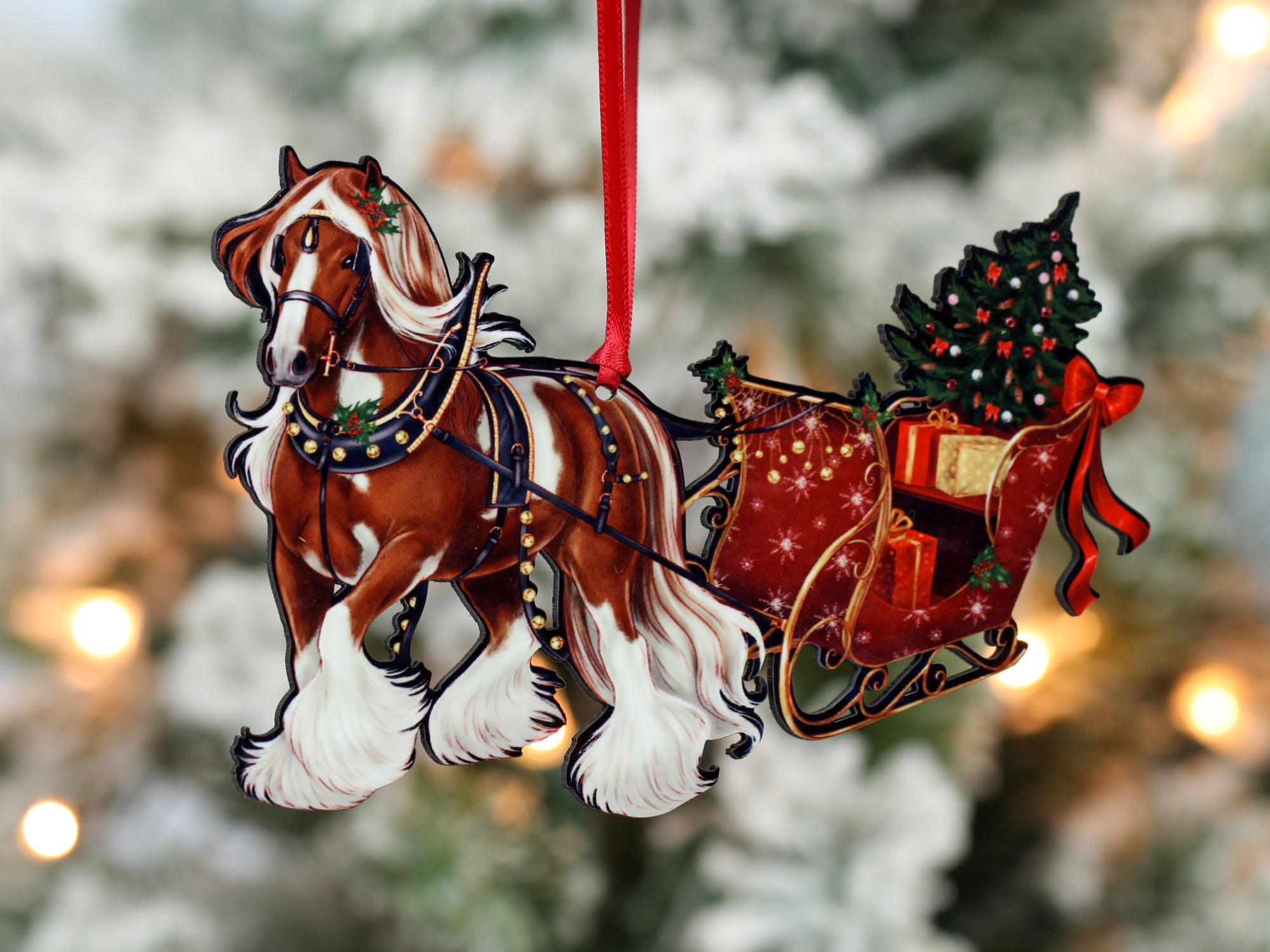 Gypsy Cob Horse Christmas Ornament - Chestnut and White Tobiano Gypsy Horse Sleigh