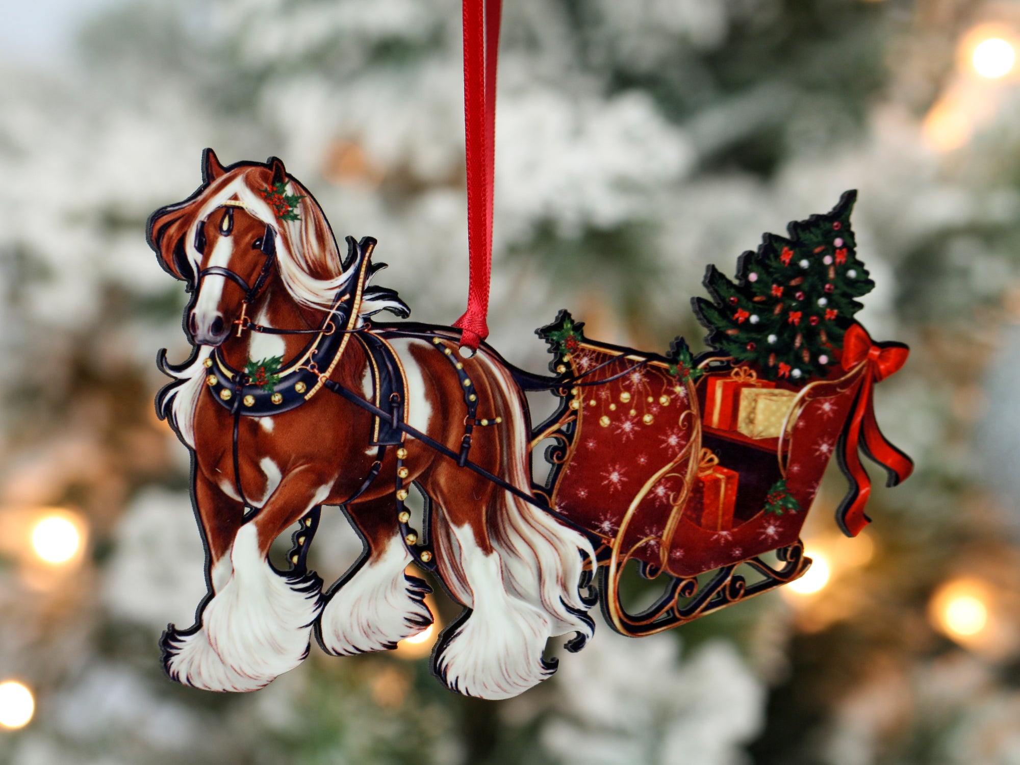 Gypsy Cob Horse Christmas Ornament - Chestnut and White Tobiano Gypsy Horse Sleigh
