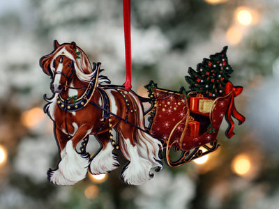 Gypsy Cob Horse Christmas Ornament - Chestnut and White Tobiano Gypsy Horse Sleigh