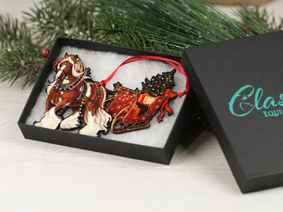 Gypsy Cob Horse Christmas Ornament - Chestnut and White Tobiano Gypsy Horse Sleigh