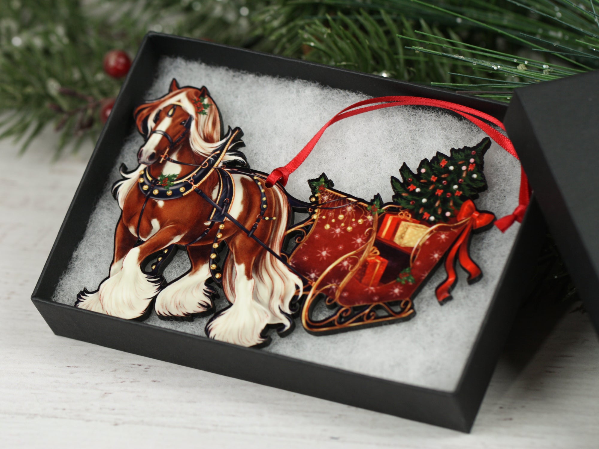 Gypsy Cob Horse Christmas Ornament - Chestnut and White Tobiano Gypsy Horse Sleigh