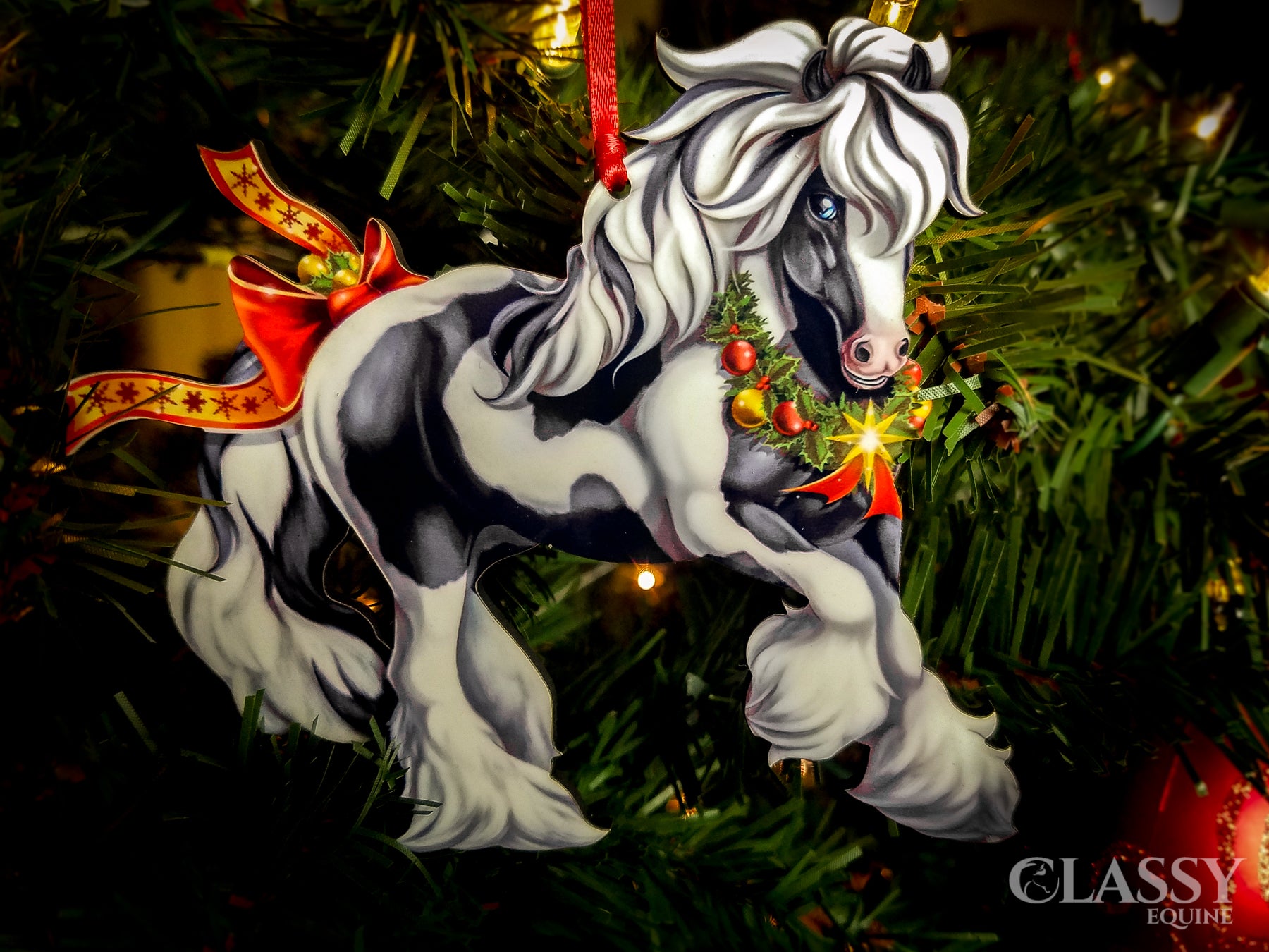 Gypsy Vanner Horse Christmas Ornament - Tobiano Gypsy Horse with Star