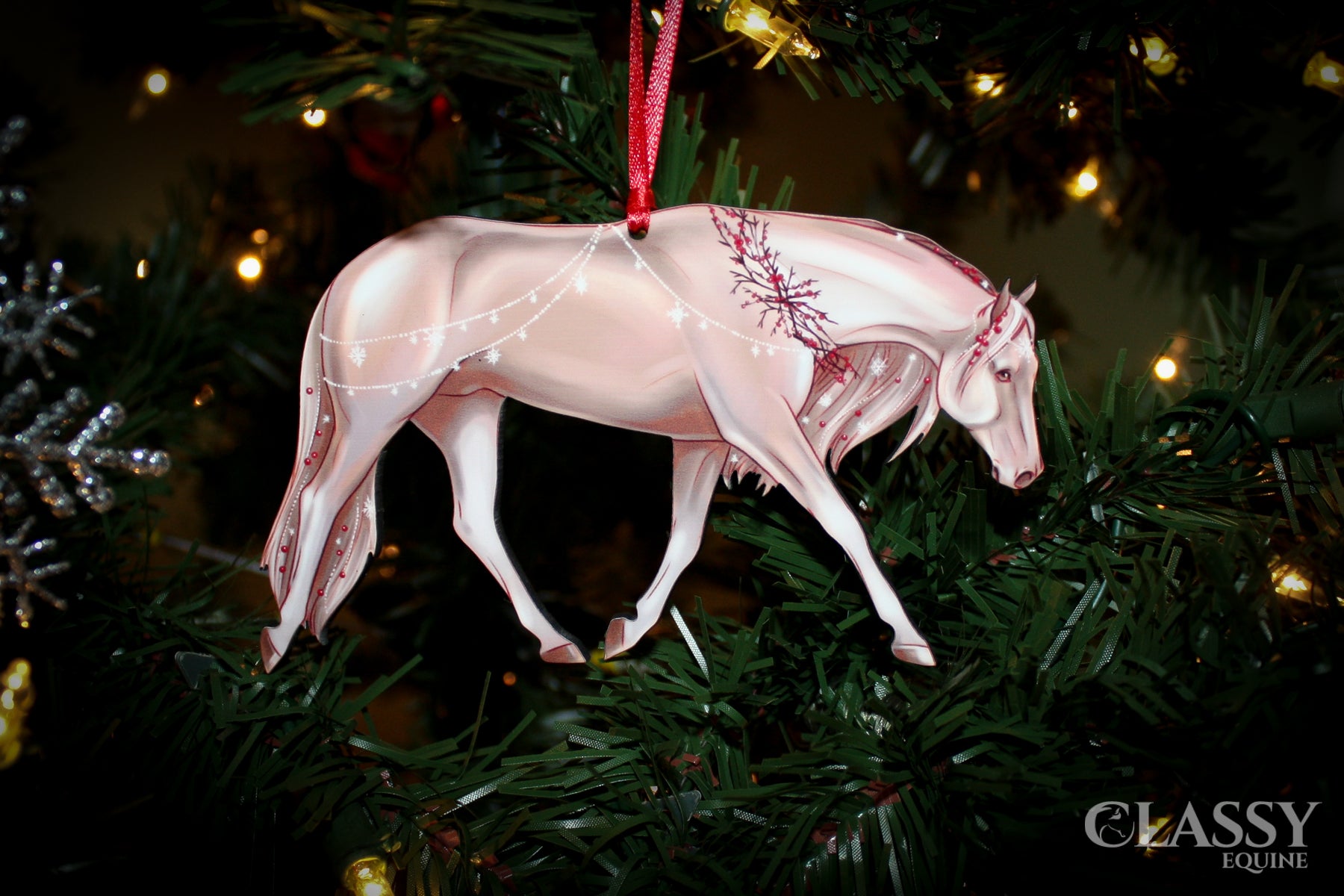 Quarter Horse Christmas Ornament - Adorned in Snowflakes and Berries