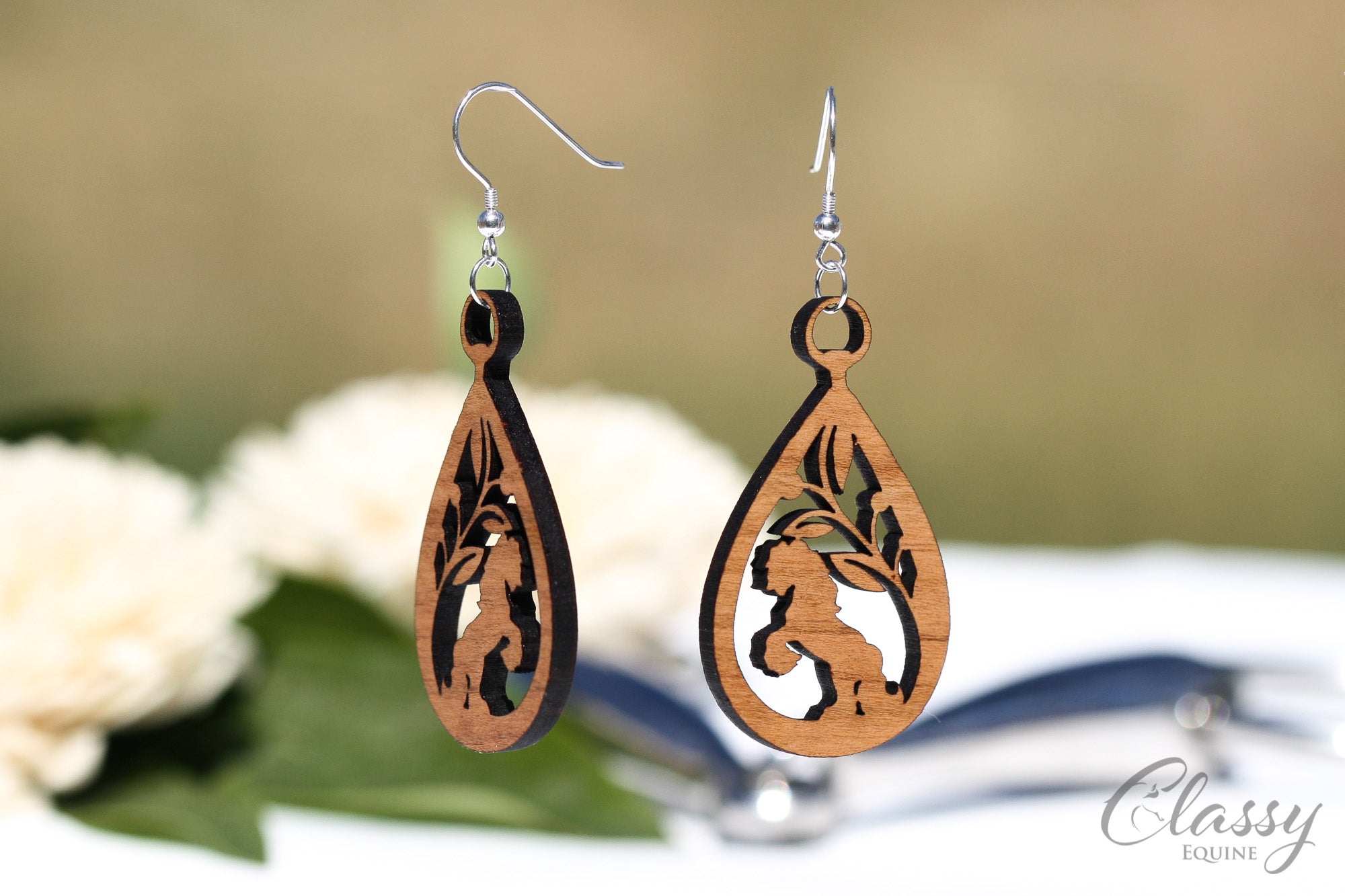 Gypsy Horse at Play Hardwood Equestrian Teardrop Earrings