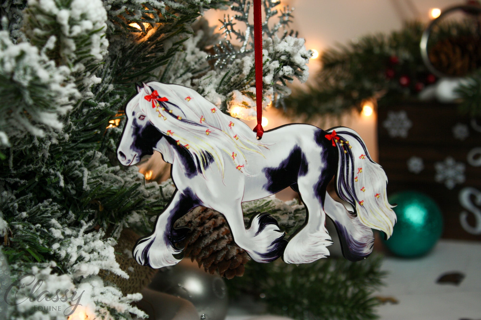 Trotting Black and White Tobiano Gypsy Vanner Horse Christmas Ornament
