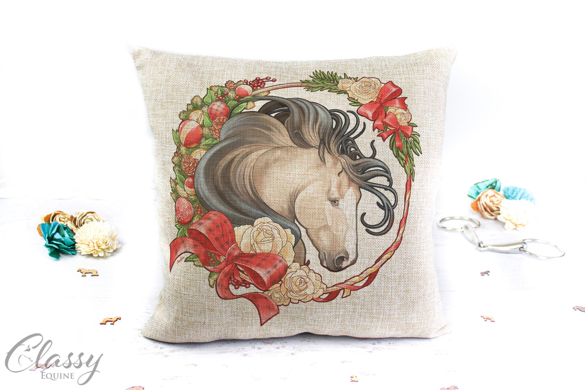 Gypsy Horse Pillow Cover - Buckskin Gypsy Horse Christmas Wreath