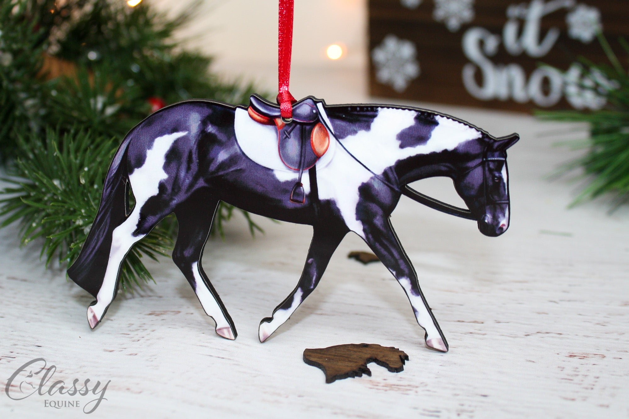 Black and White Tobiano English Paint Horse Ornament