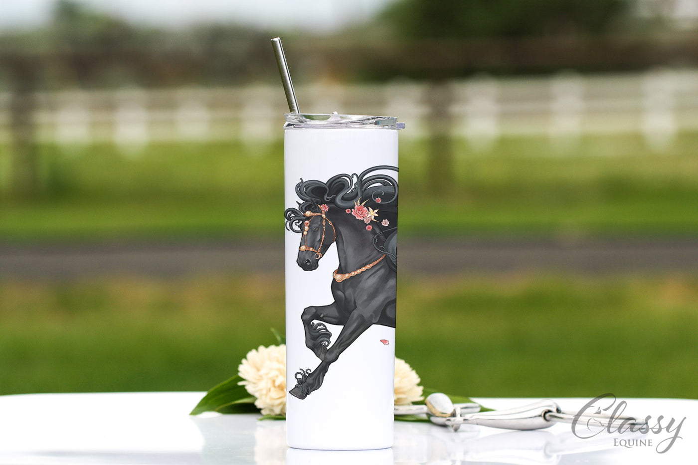 Pink Floral Friesian Horse Tumbler, 20 oz