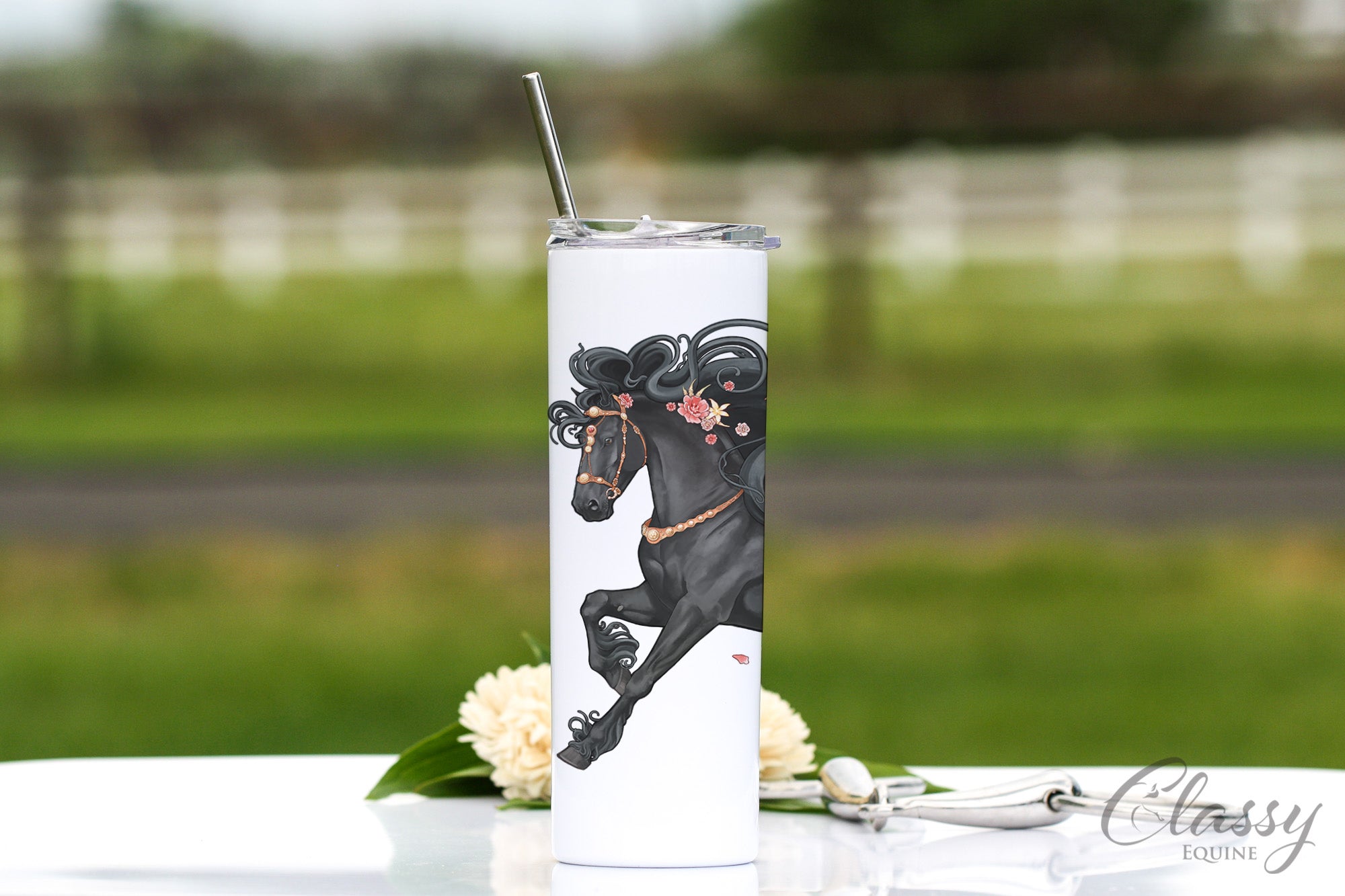 Pink Floral Friesian Horse Tumbler, 20 oz