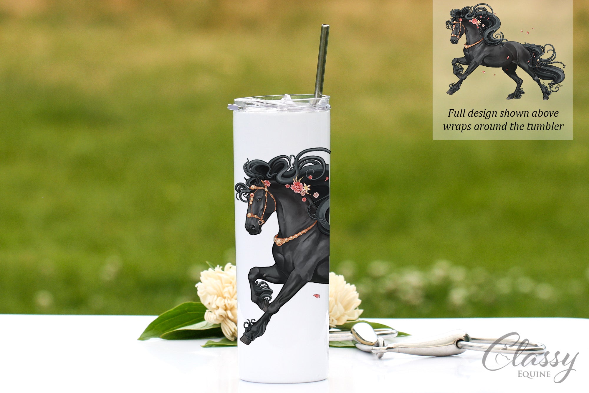 Pink Floral Friesian Horse Tumbler, 20 oz
