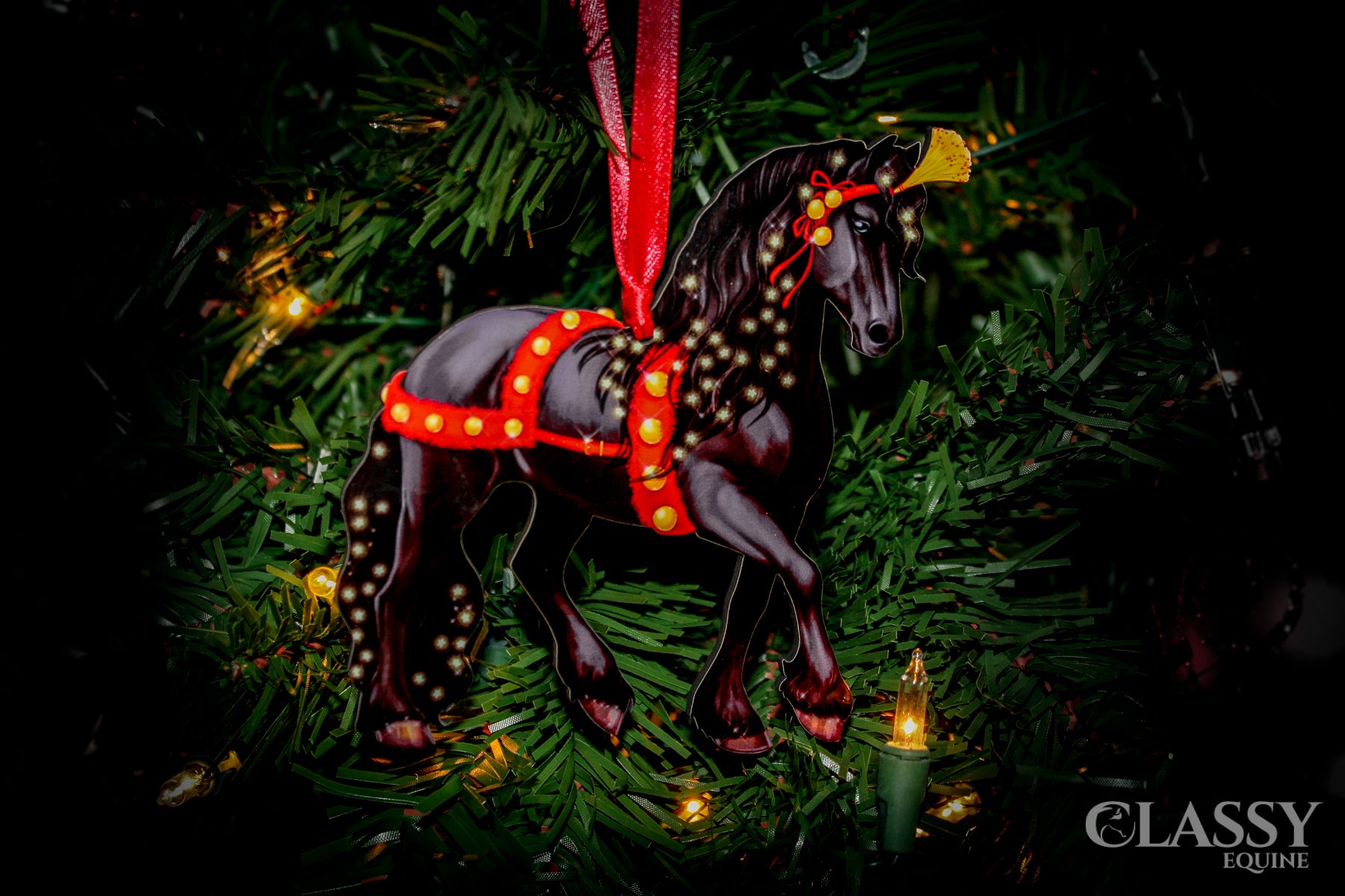Friesian Horse Christmas Ornament - adorned in Red and Gold