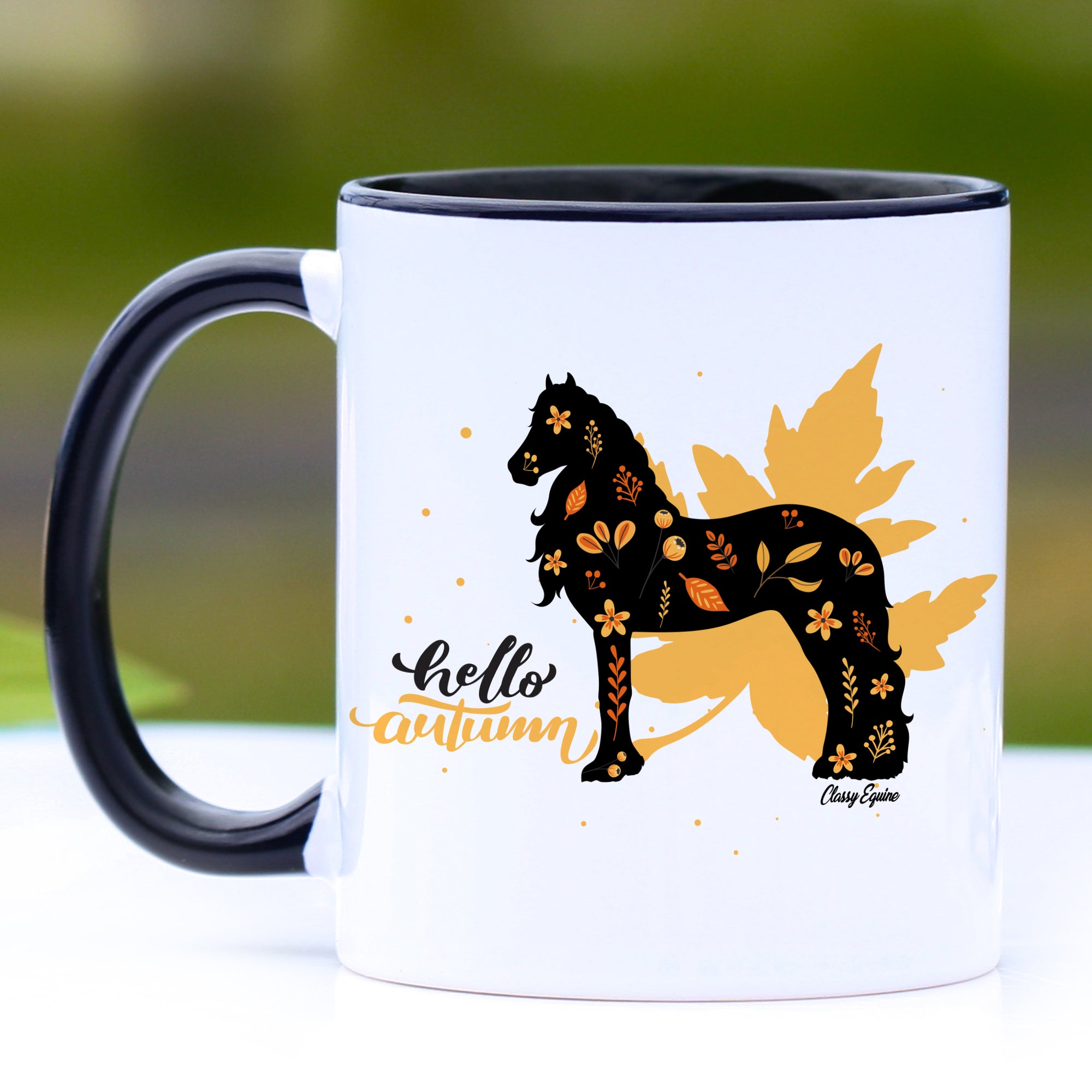 Hello Autumn Fall Friesian Horse Coffee Mug - 11 oz