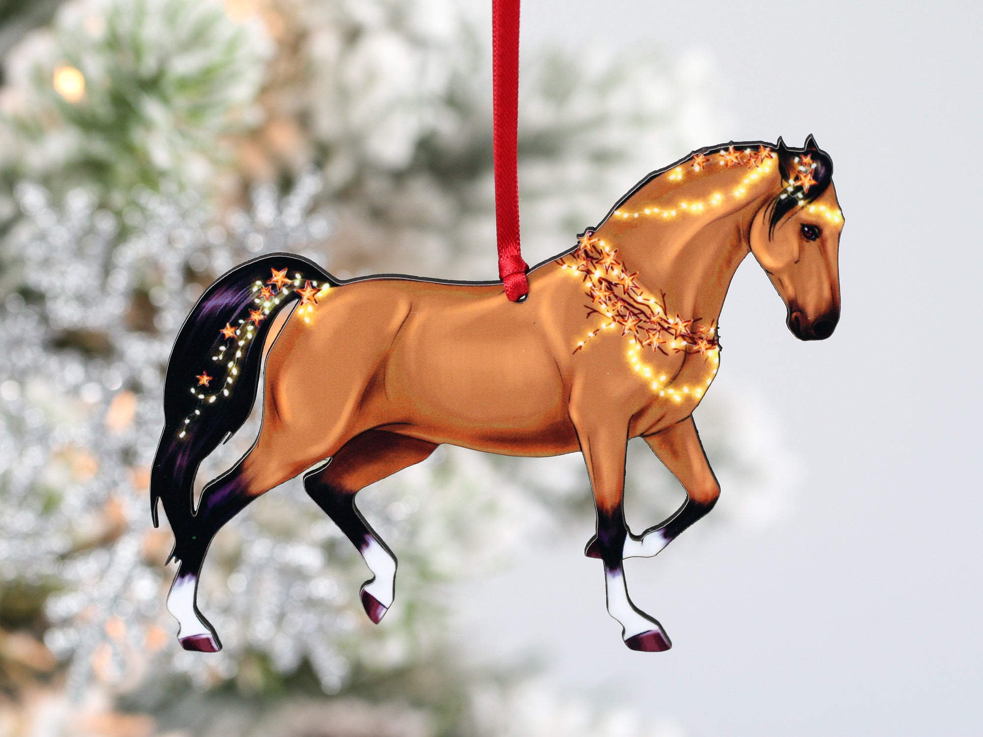 Buckskin Quarter Horse Christmas Ornament -  Adorned with Star Garlands
