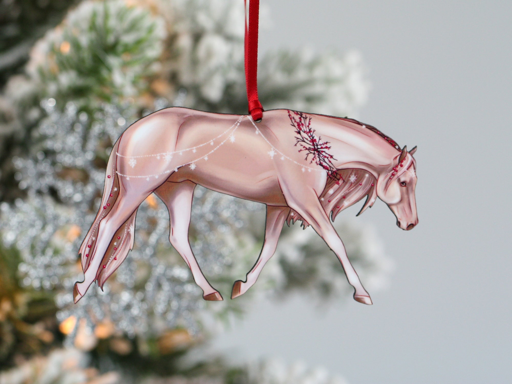 Quarter Horse Christmas Ornament - Adorned in Snowflakes and Berries