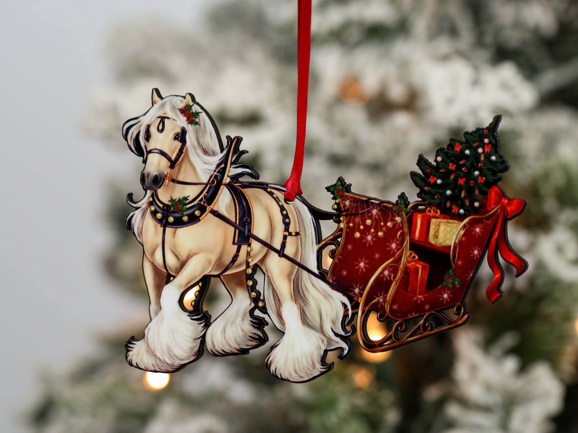Gypsy Cob Horse Christmas Ornament - Palomino Gypsy Horse Sleigh