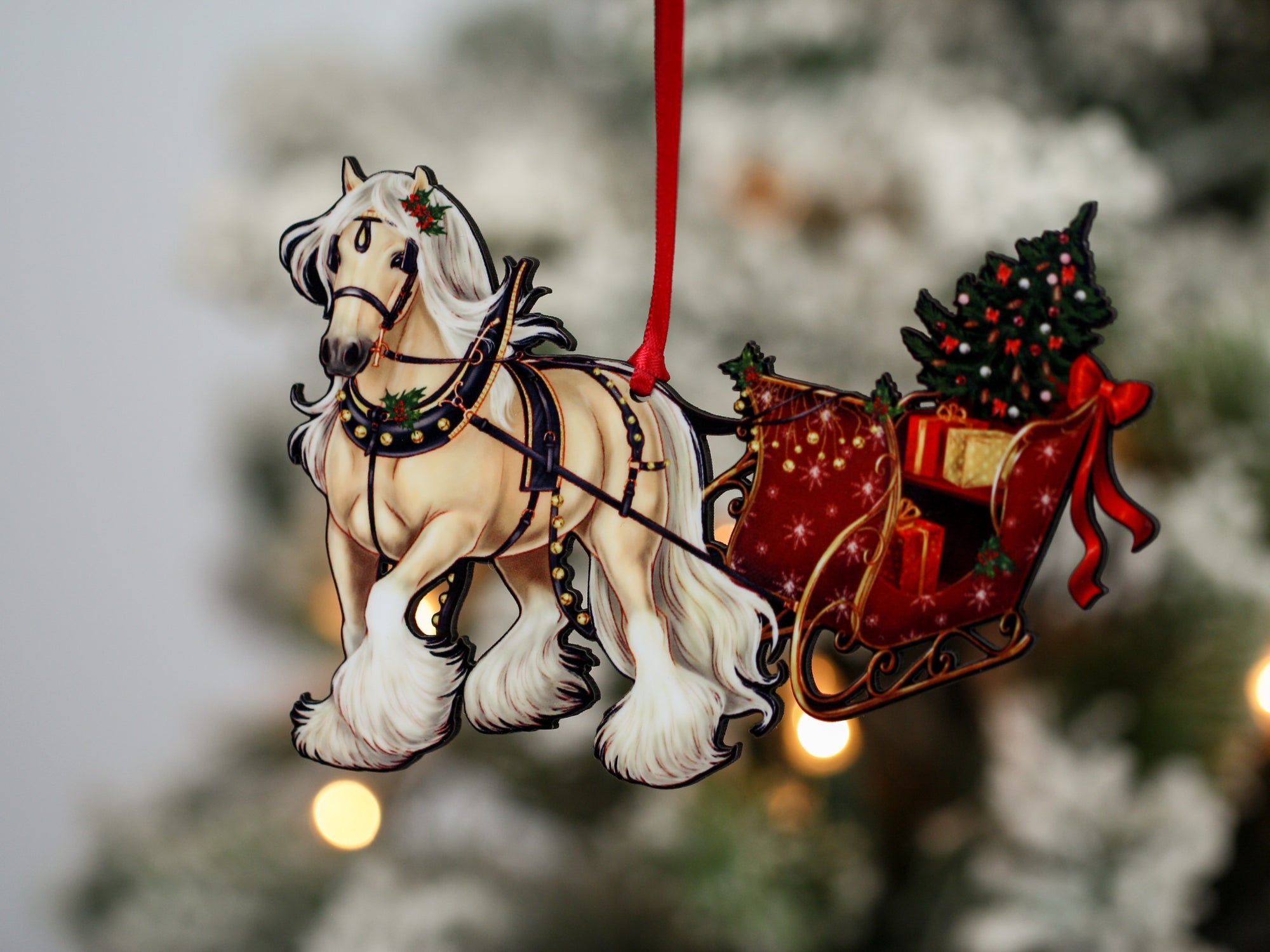 Gypsy Cob Horse Christmas Ornament - Palomino Gypsy Horse Sleigh