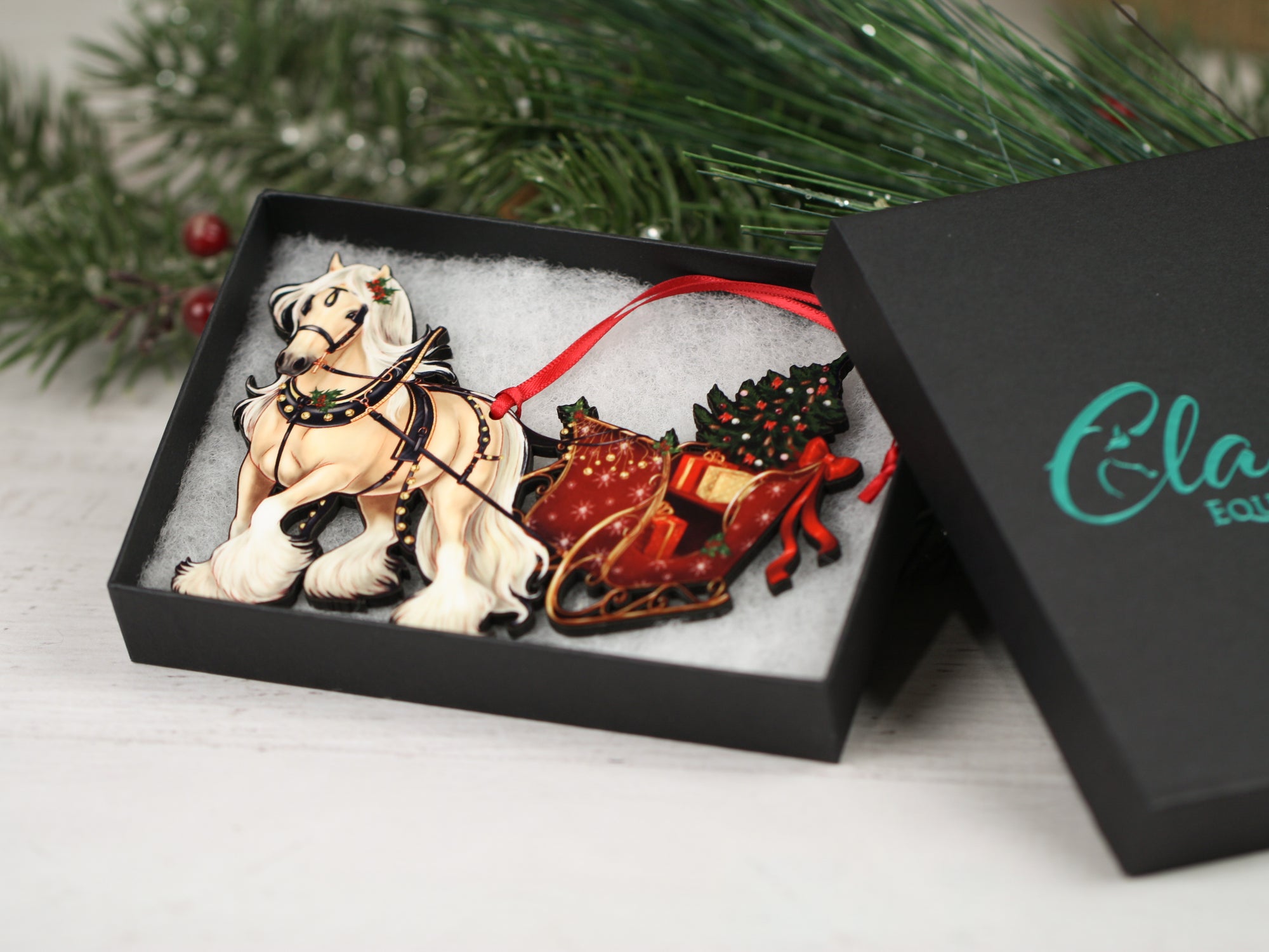 Gypsy Cob Horse Christmas Ornament - Palomino Gypsy Horse Sleigh