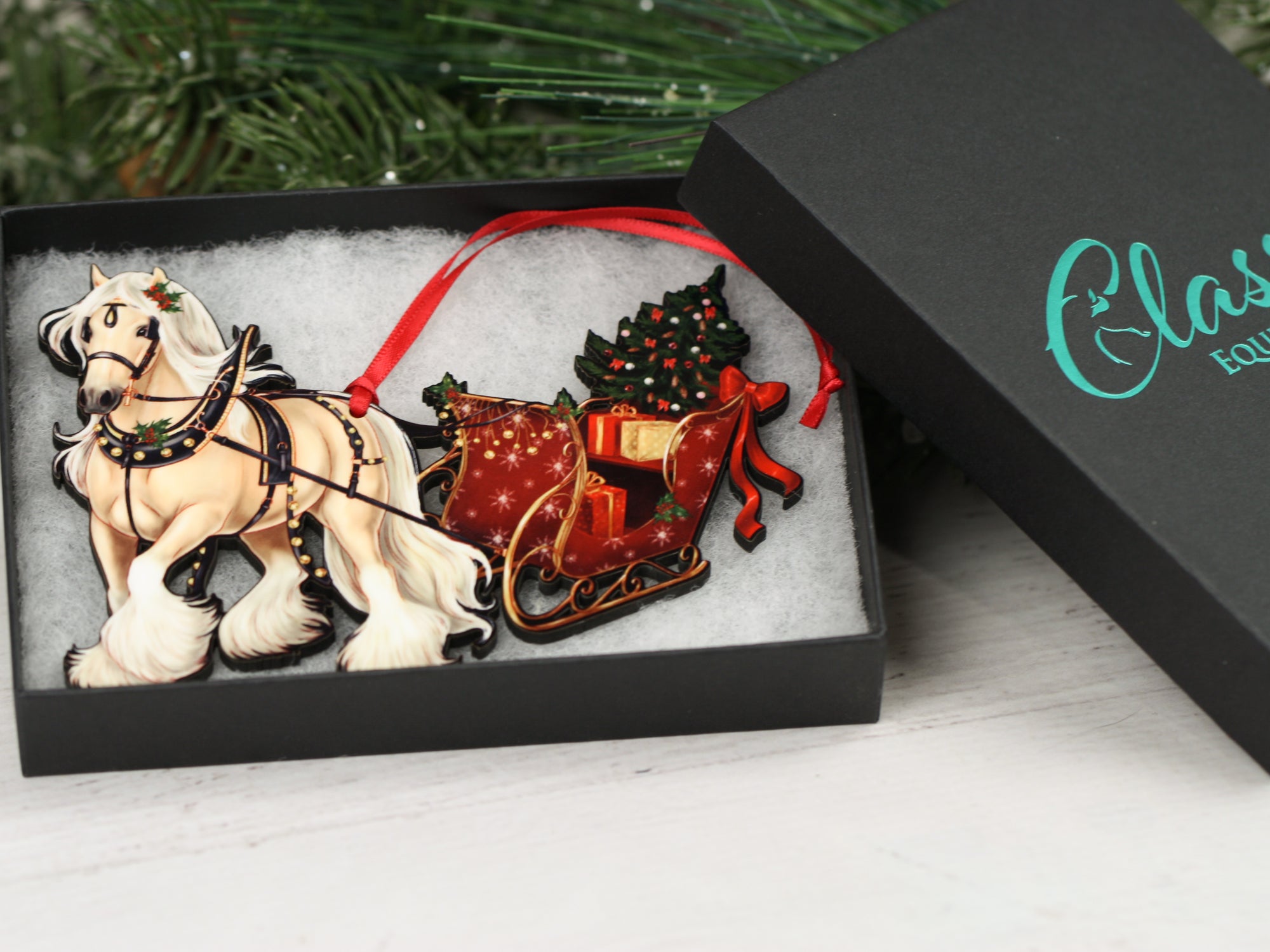 Gypsy Cob Horse Christmas Ornament - Palomino Gypsy Horse Sleigh