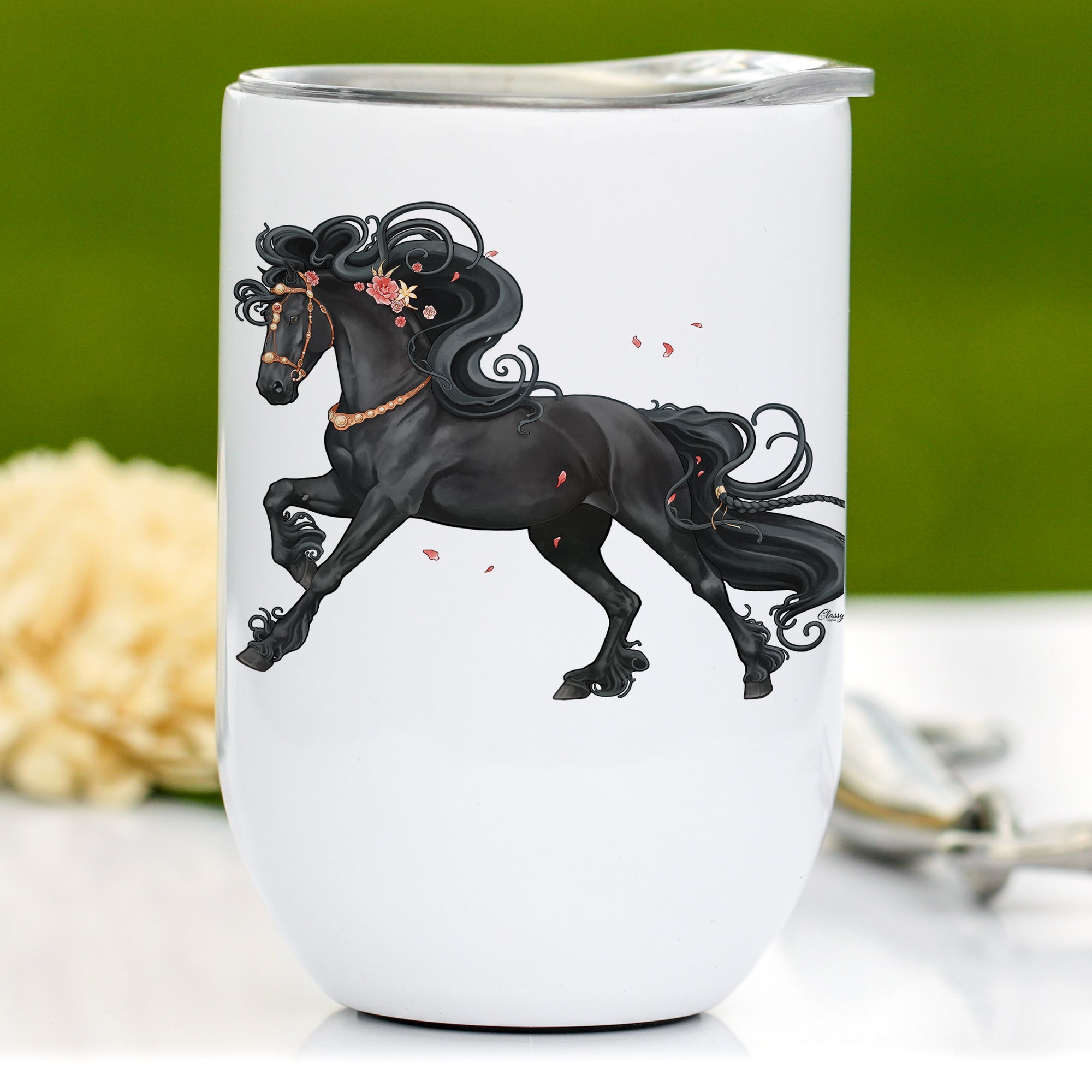 Pink Floral Friesian Horse Wine Tumbler